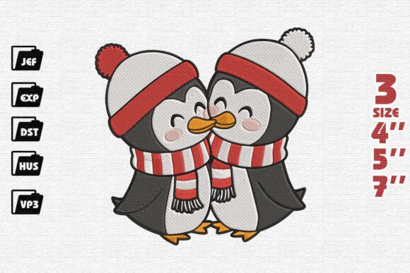 Cuddling Penguin Couple Christmas Embroidery Design
