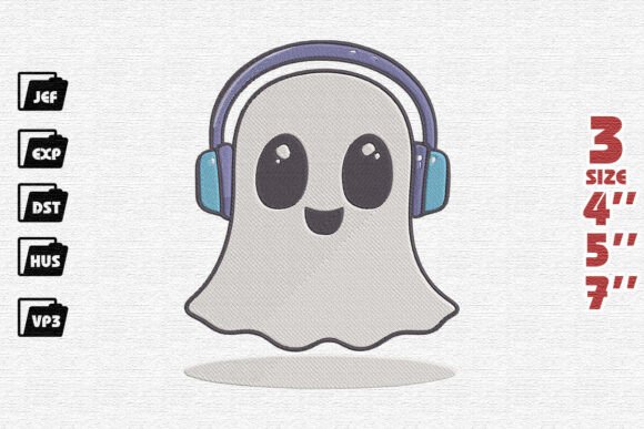 Cute Ghost with Headphones Embroidery Design