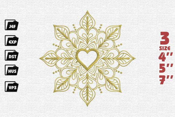 Elegant Golden Heart Snowflake Embroidery Design