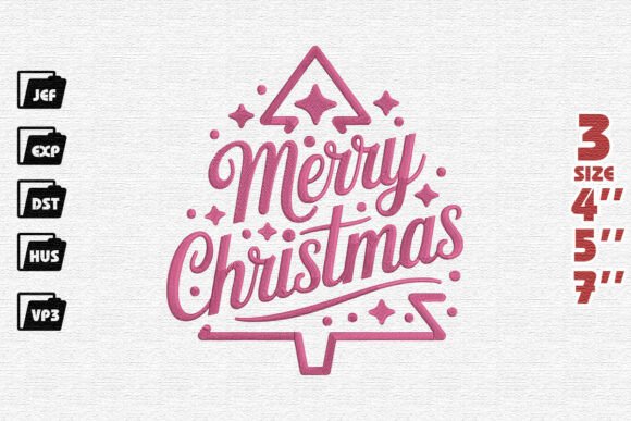 Festive Pink Merry Christmas Typography Tree Embroidery