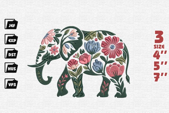 Intricate Floral Elephant Embroidery Design