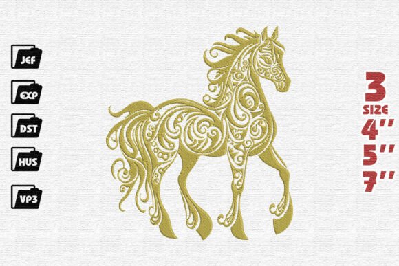 Majestic Golden Filigree Horse Embroidery
