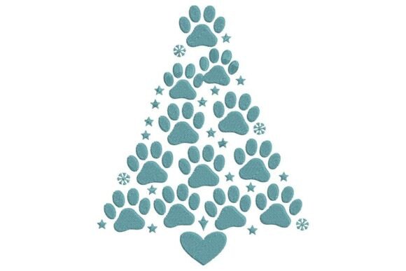 Paw Print Christmas Tree Embroidery Design in Blue